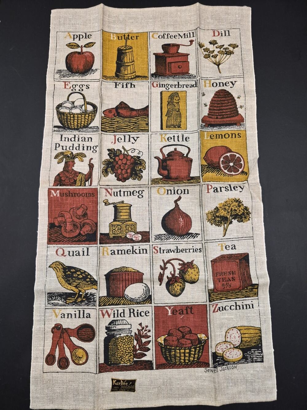 Vintage Painted Linen Tea Towel "Ingredients " Kaydee Linens